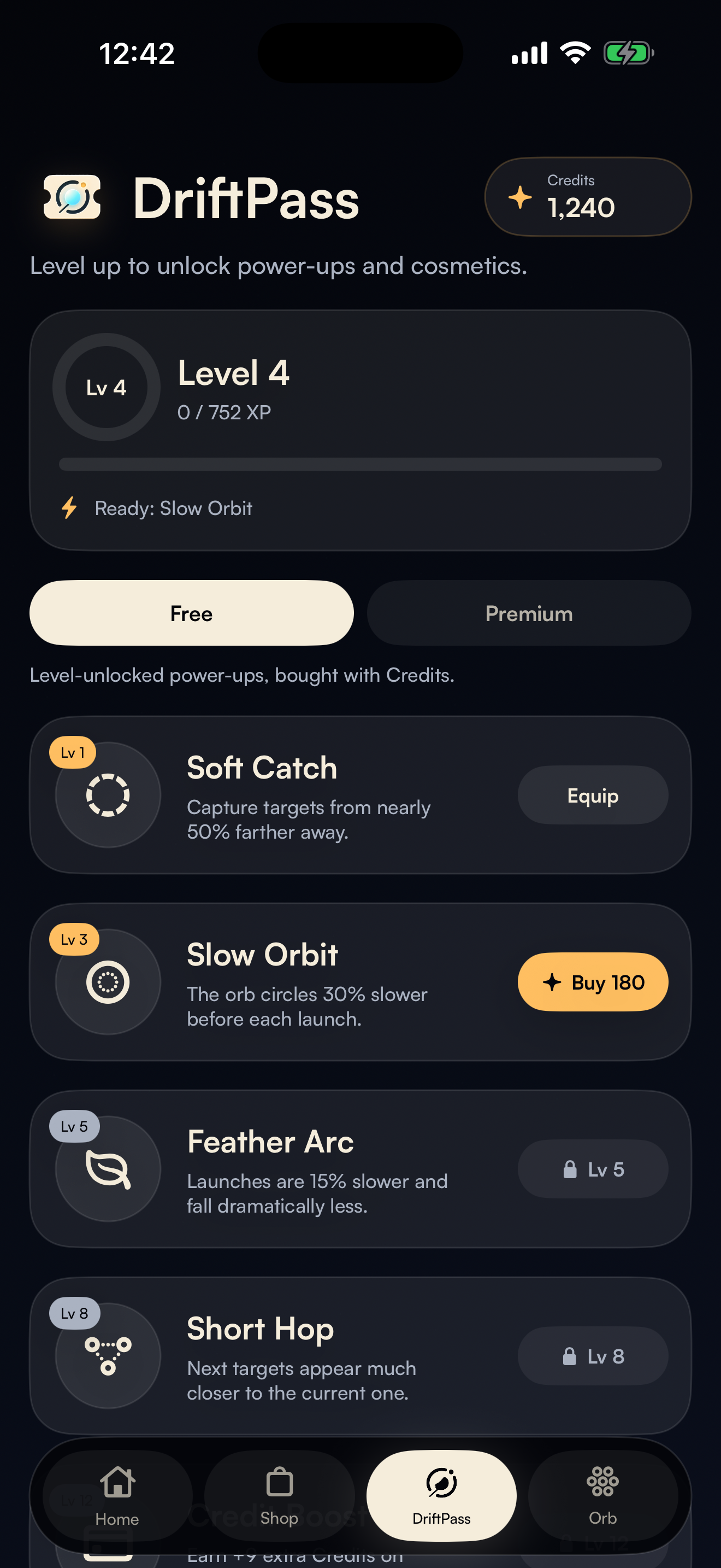 Driftd DriftPass screen showing level progress with free and premium reward tracks