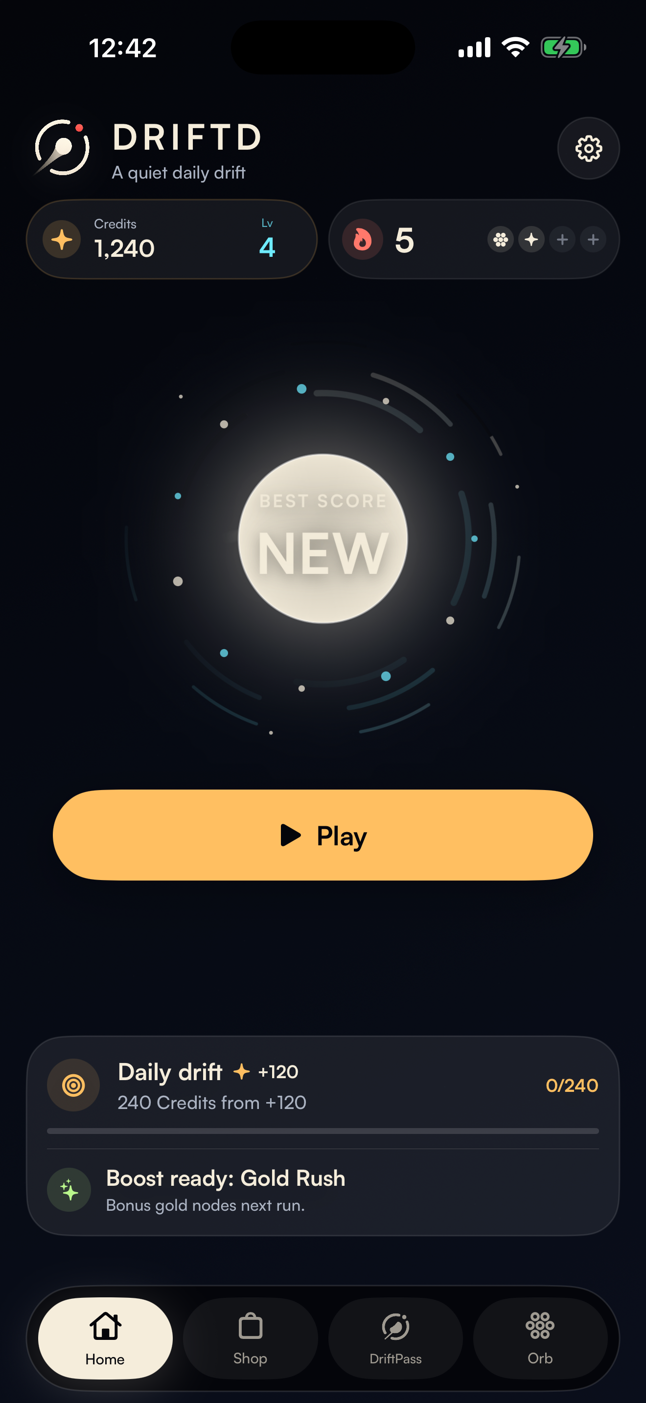 Driftd home screen with the Play button, Credits, level, streak, and daily drift challenge