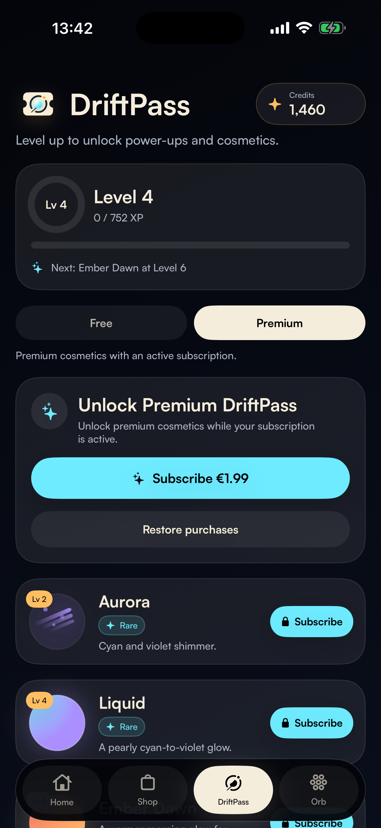 Driftd DriftPass screen showing free and premium reward tracks with subscription cosmetics